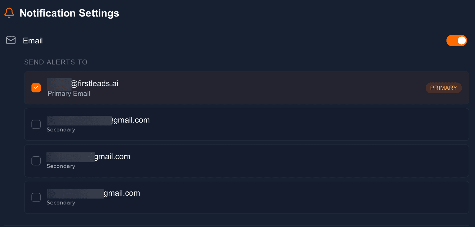 FirstLeads alert notification settings showing email channel toggles with verified addresses