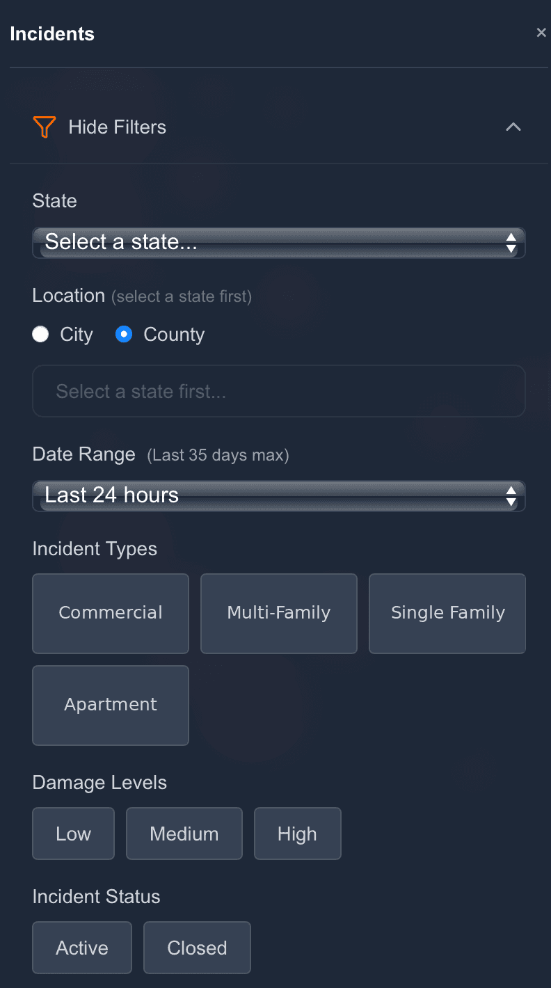 FirstLeads incident filter panel with state, county, date range, incident type, damage level, and status filters