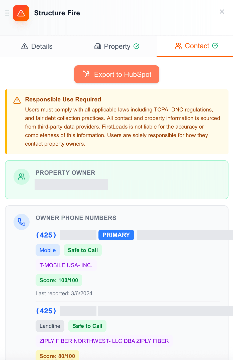 FirstLeads contact tab showing owner phone numbers with carrier, reliability scores, and compliance flags