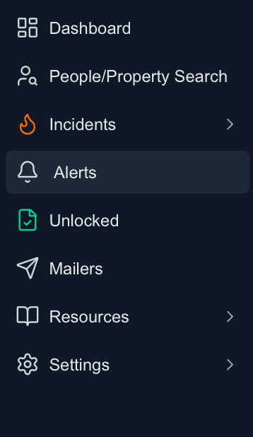 FirstLeads left navigation ribbon with Alerts selected