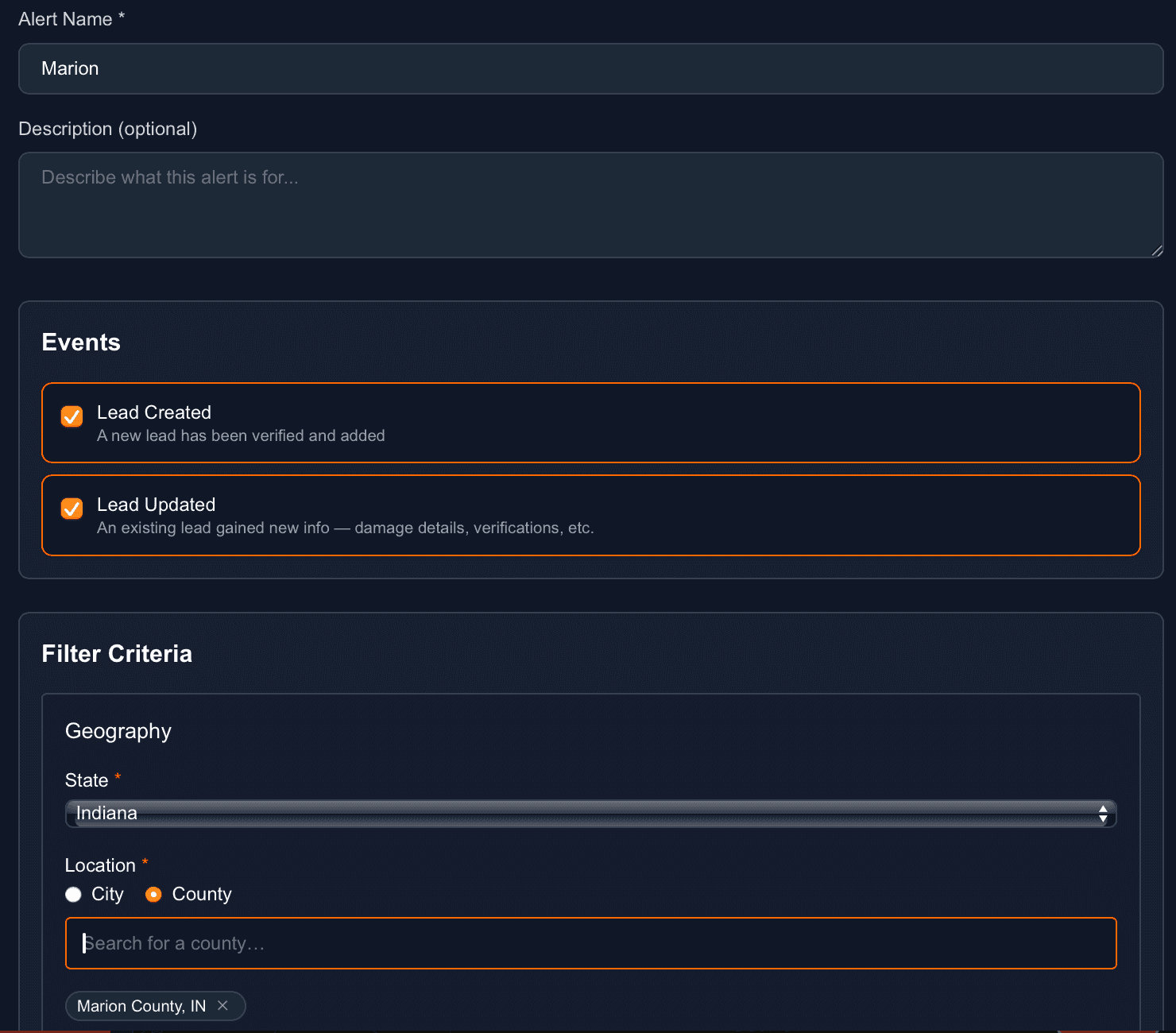 Alert form showing name, events (Lead Created and Lead Updated), and geography with a county filter