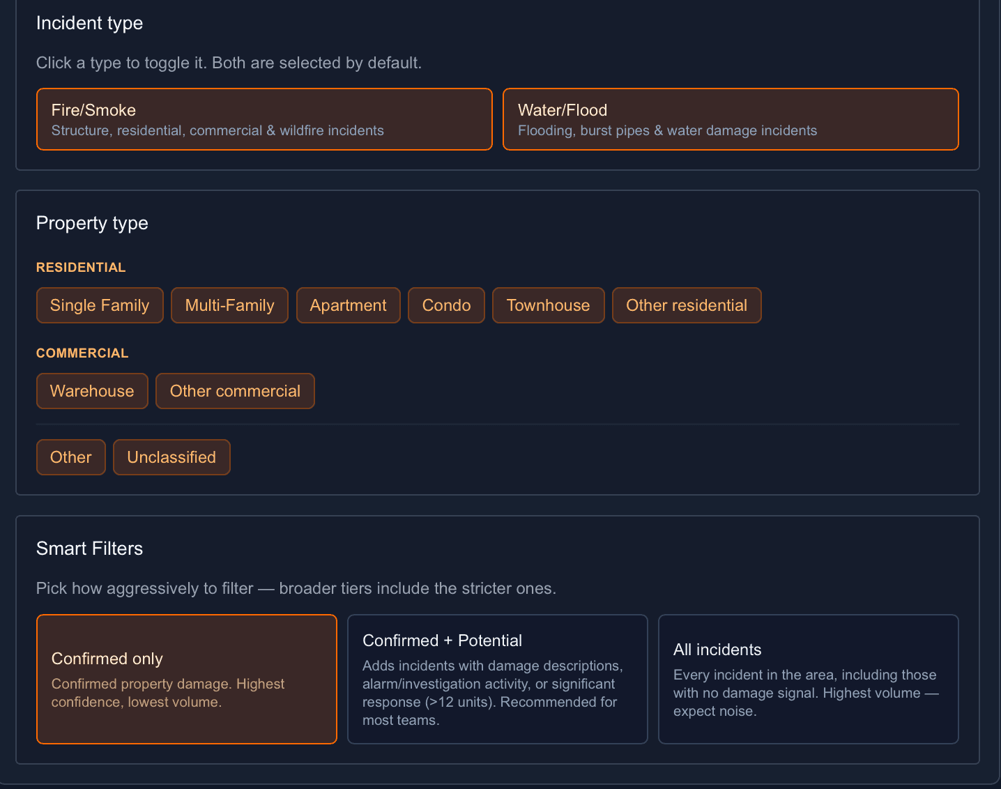 Incident type, property type, and Smart Filter options with Confirmed only selected