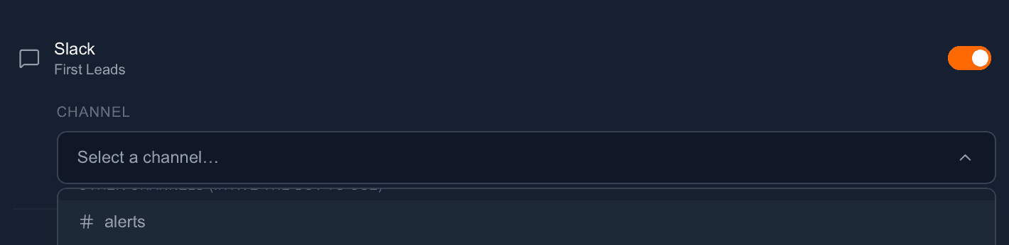 Slack integration toggled on with a channel selector for routing alerts