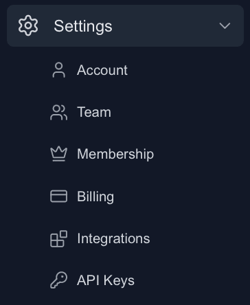 Settings menu expanded with the API Keys option