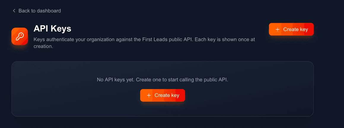 API Keys screen with the Create Key button and empty-state message