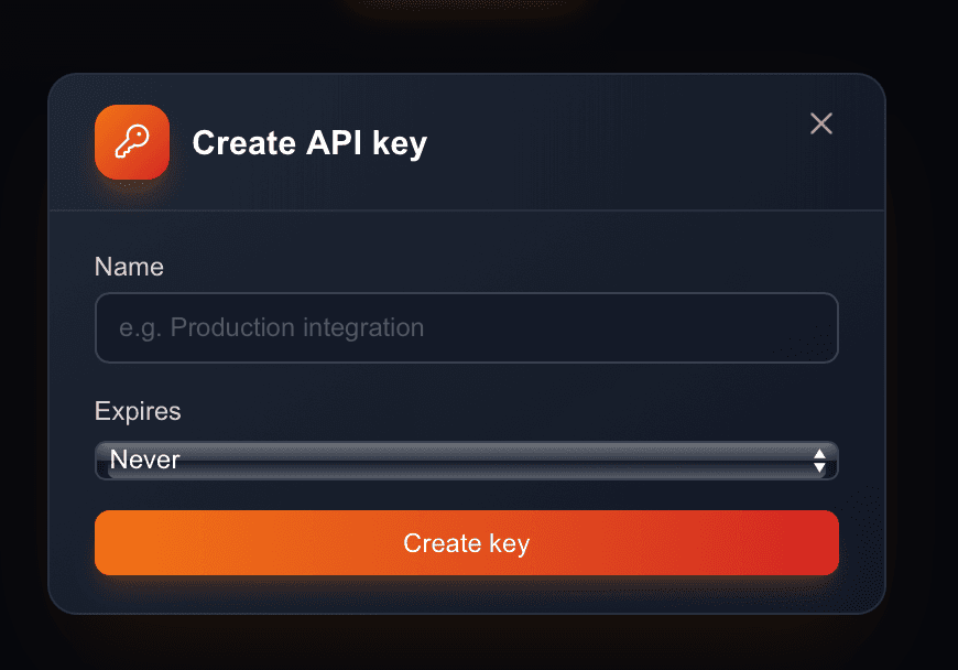 Create API key dialog with name field, Expires set to Never, and a Create key button