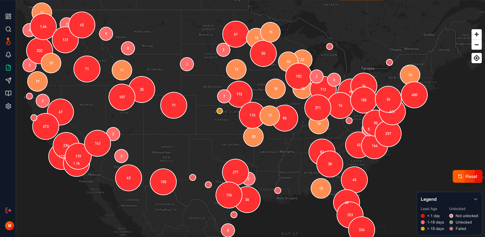 FirstLeads live fire incident map dashboard showing color-coded incident clusters across the United States