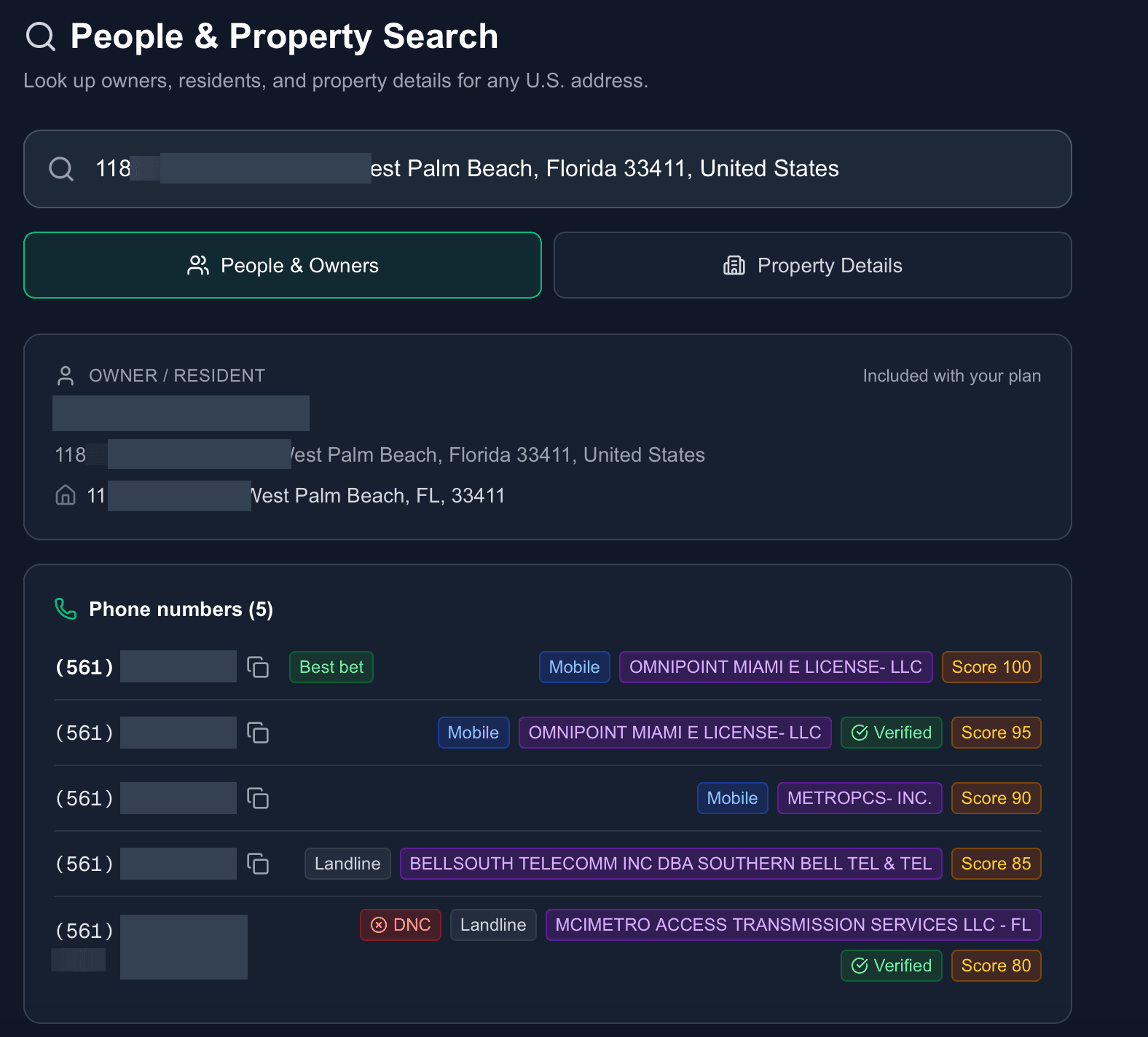 FirstLeads People and Owners search results with scored phone numbers, carriers, and best-bet flag